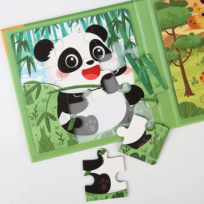 Toddler playing with a magnetic transport puzzle book, an engaging educational travel toy
