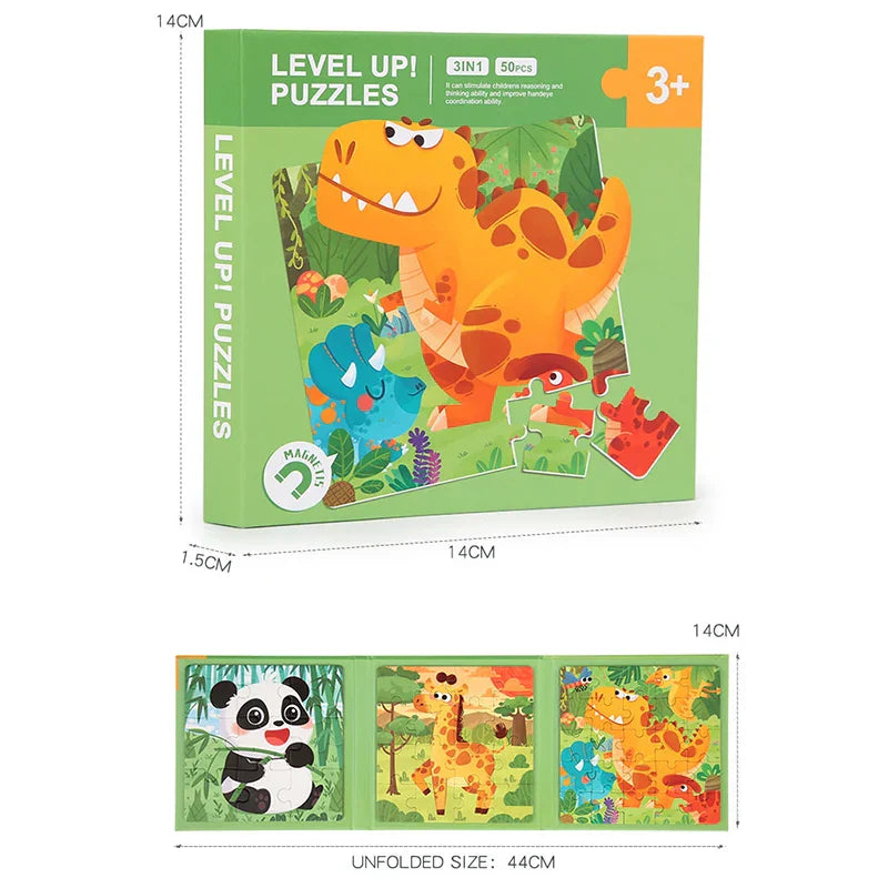 Close-up of magnetic puzzle pieces on a children's activity book, fostering fine motor skills