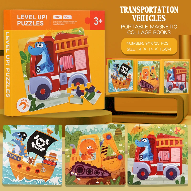 Children's magnetic puzzle book with various animal and transport themes, a learning travel toy