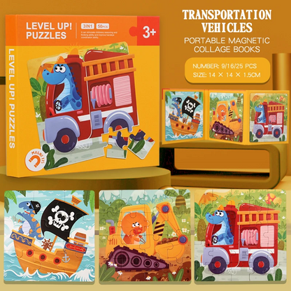 Children's magnetic puzzle book with various animal and transport themes, a learning travel toy
