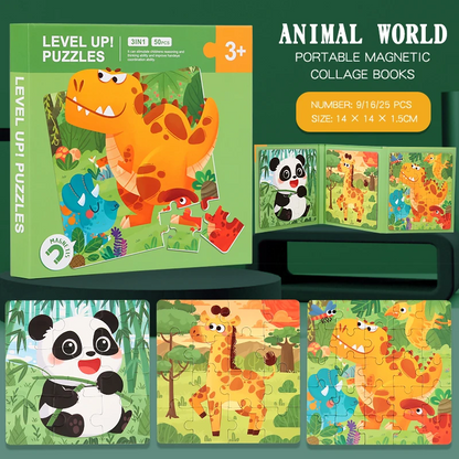 A child assembling a magnetic puzzle from the travel book, enhancing learning and fine motor skills