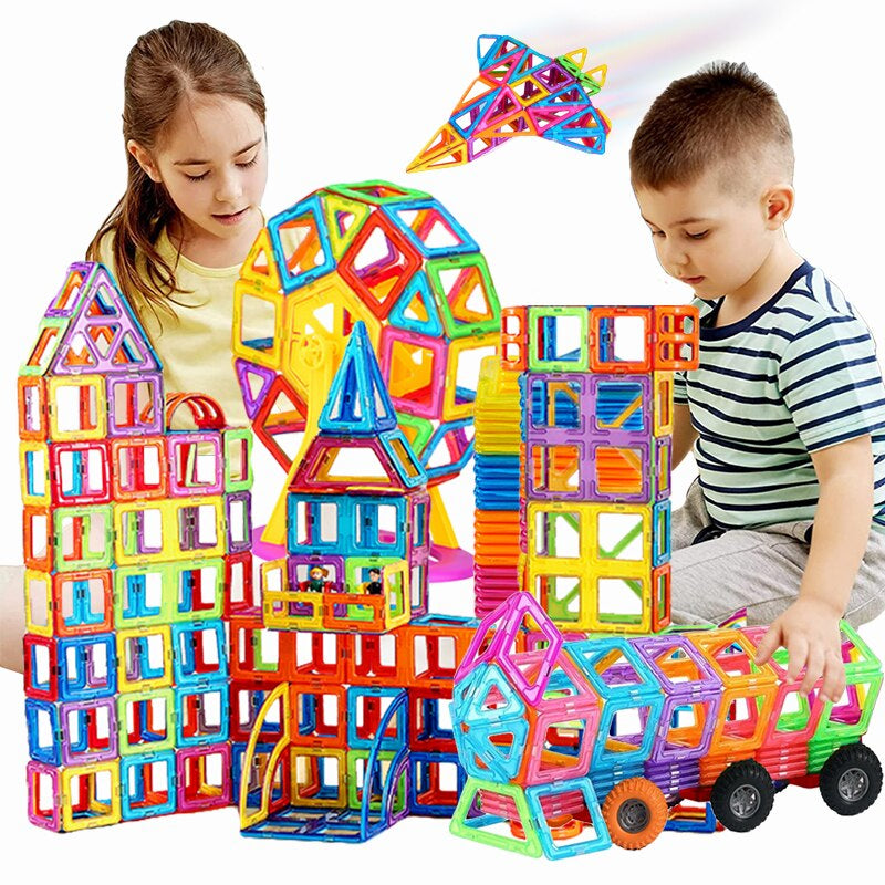 Magnetic building blocks set in vibrant colors, promoting creative play and STEM learning for kids