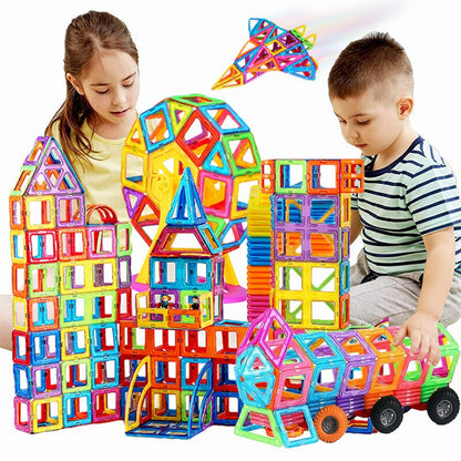 Magnetic building blocks set in vibrant colors, promoting creative play and STEM learning for kids