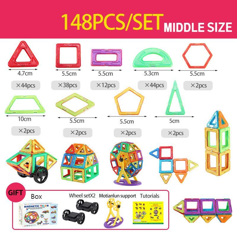 Magnetic building blocks set with various shapes like squares and triangles, fostering imaginative play