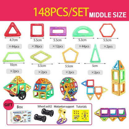 Magnetic building blocks set with various shapes like squares and triangles, fostering imaginative play