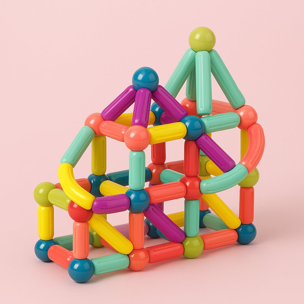 Magnetic building sticks set with colorful rods and silver balls for creative play.