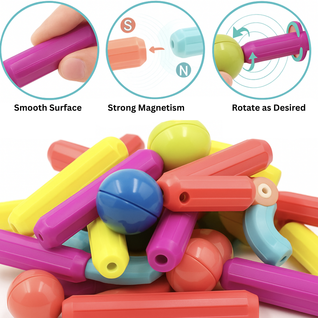 Young boy focused on building with magnetic building sticks, enhancing creativity.