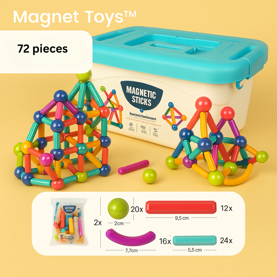 Magnetic building sticks arranged to form an abstract sculpture, construction play.