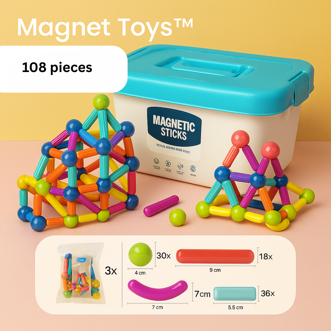 Multiple children collaborating on a large structure with magnetic building sticks.