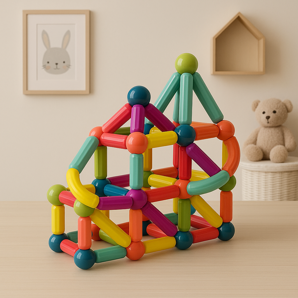 Kids playing with magnetic building sticks, creating a geometric shape, educational toy.