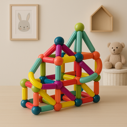 Kids playing with magnetic building sticks, creating a geometric shape, educational toy.