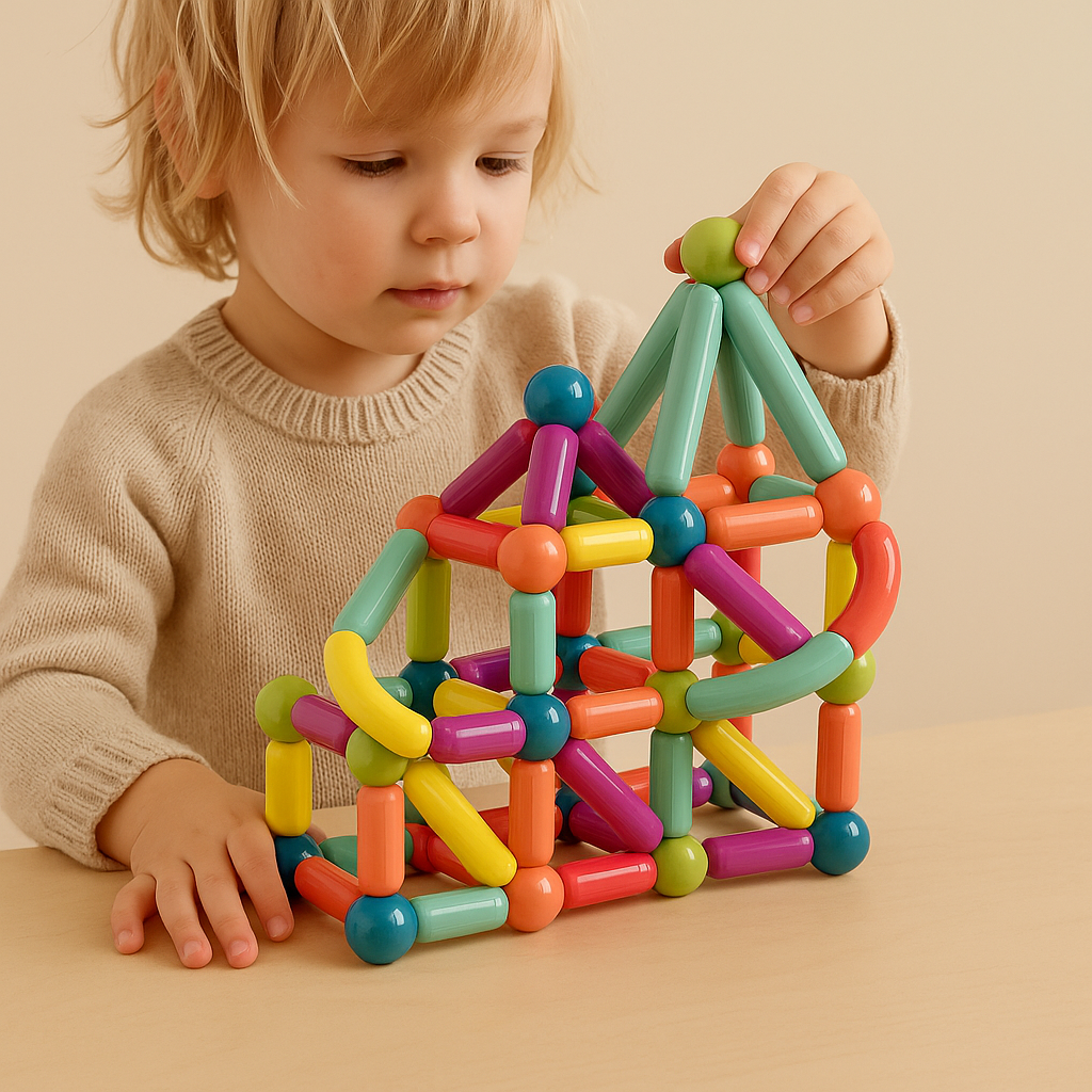 Close-up of magnetic building sticks connecting, highlighting strong magnetic attraction.