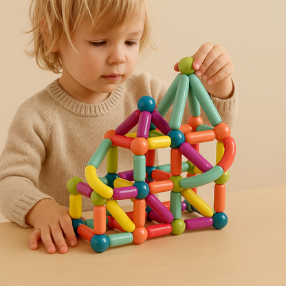 Close-up of magnetic building sticks connecting, highlighting strong magnetic attraction.