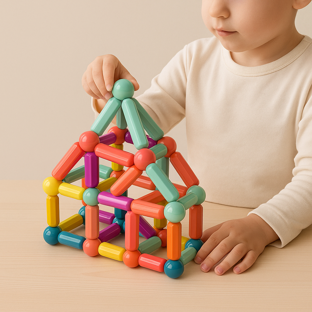 Assorted magnetic building sticks and metal balls in vibrant colors, STEM toy for kids.