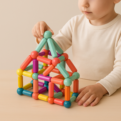 Assorted magnetic building sticks and metal balls in vibrant colors, STEM toy for kids.