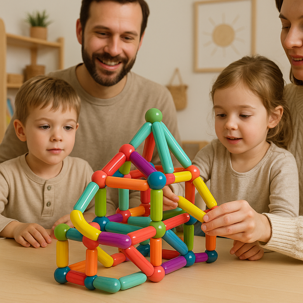 Child's hands constructing a tower with magnetic building sticks, developing fine motor skills.