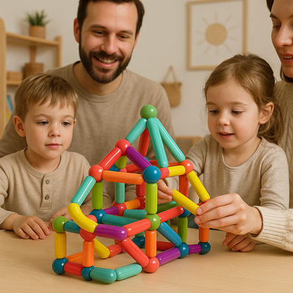 Child's hands constructing a tower with magnetic building sticks, developing fine motor skills.