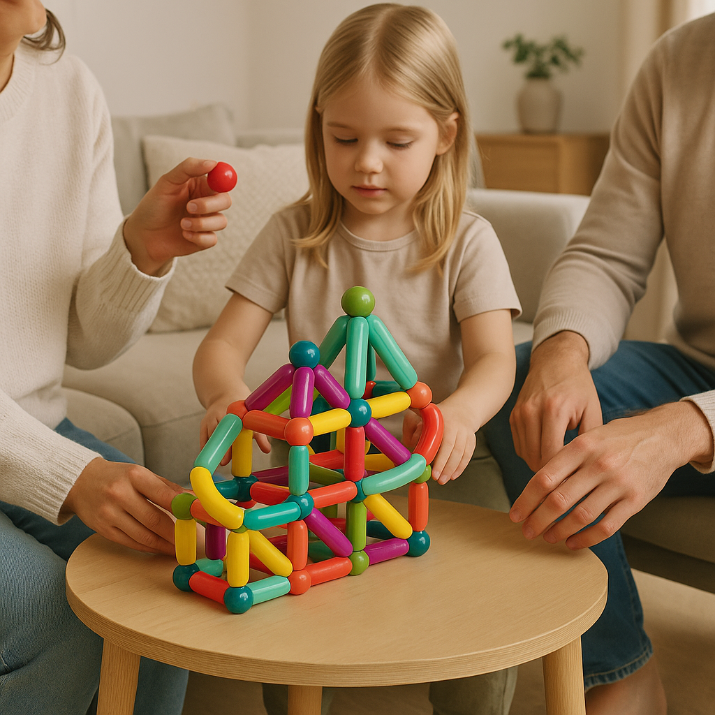 Magnetic building sticks set in a tidy box, ready for creative construction and learning.