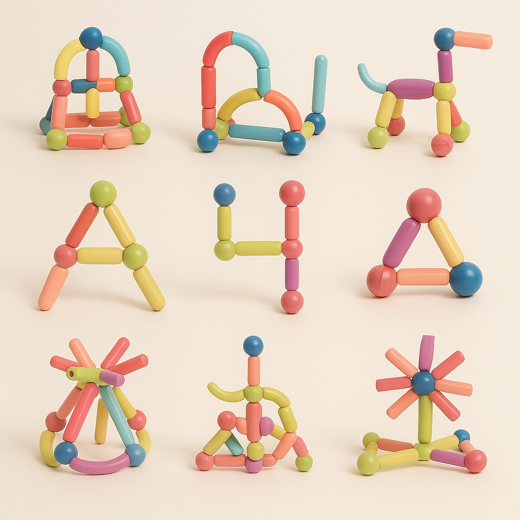 Overview of various structures built using magnetic building sticks, inspiring imagination.