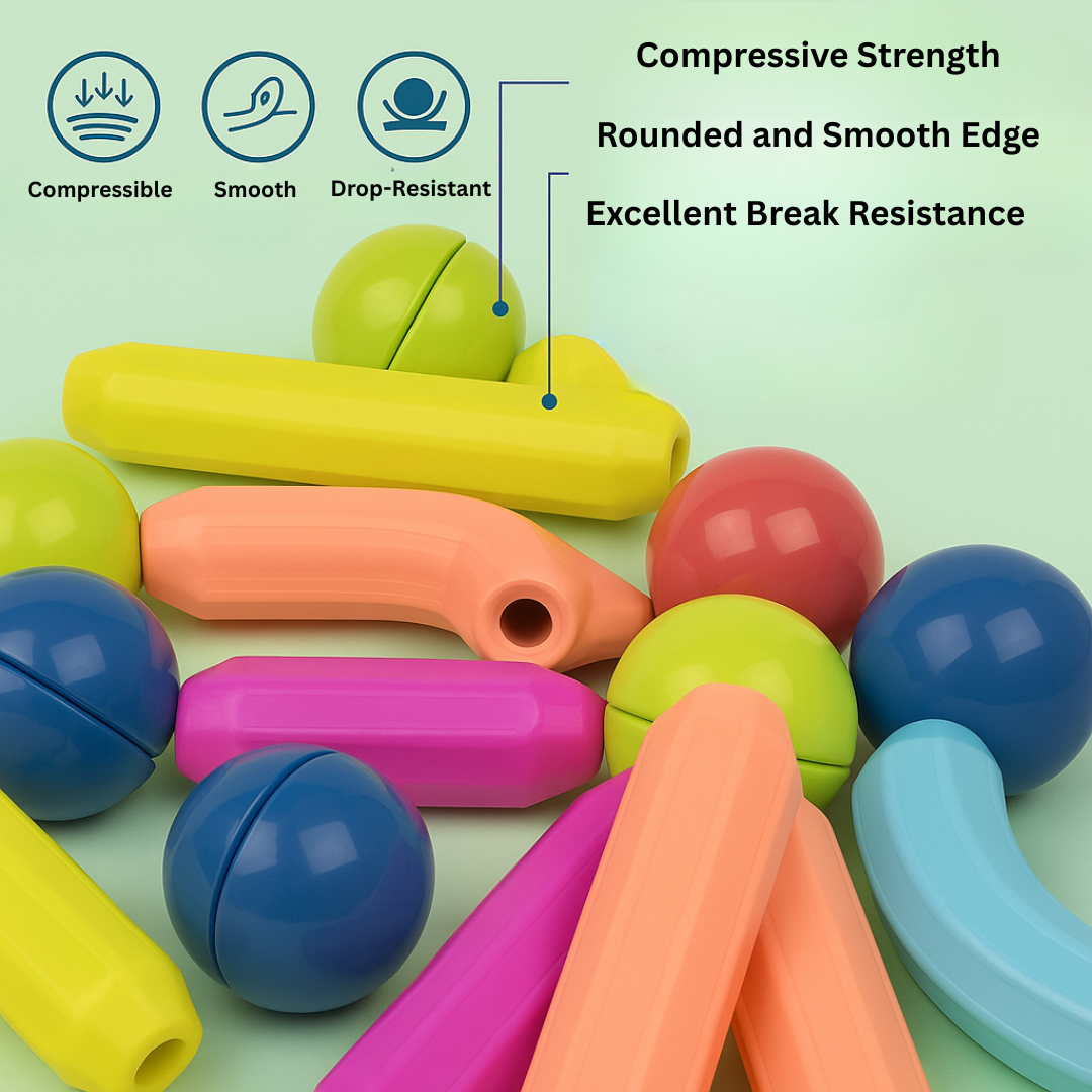 Brightly colored magnetic rods and spherical connectors for construction toys.