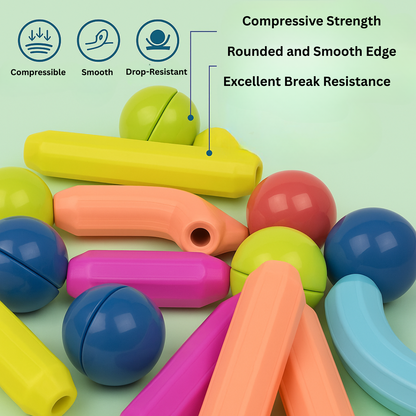 Brightly colored magnetic rods and spherical connectors for construction toys.