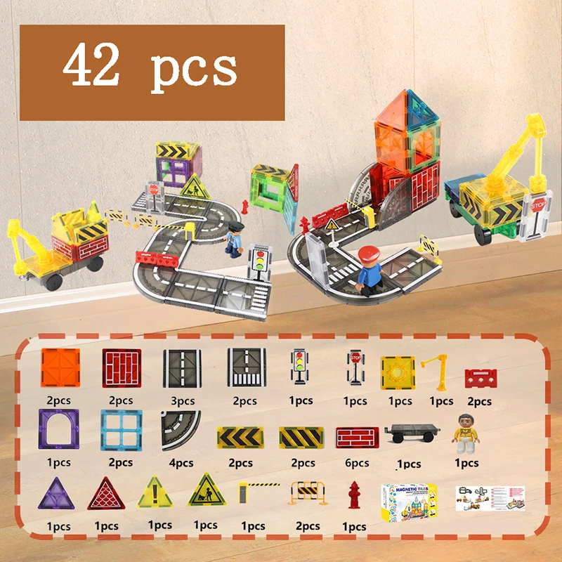 Magnetic building puzzle set with car wheels, encouraging innovative design & play