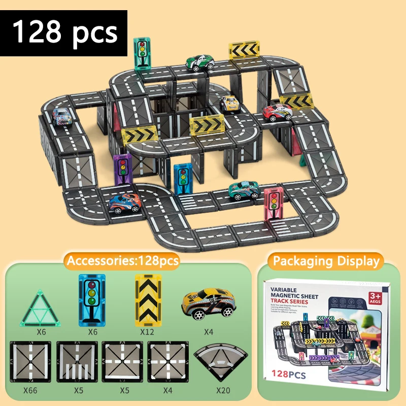 Colorful magnetic tiles building set, creating vehicles and structures for kids