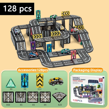 Colorful magnetic tiles building set, creating vehicles and structures for kids