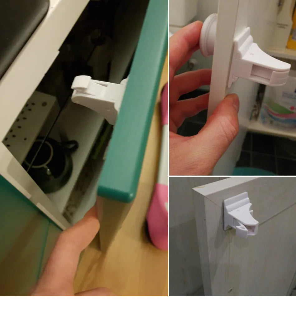 Detailed view of the adhesive backing on a magnetic child safety lock, ensuring a strong, no-drill attachment.