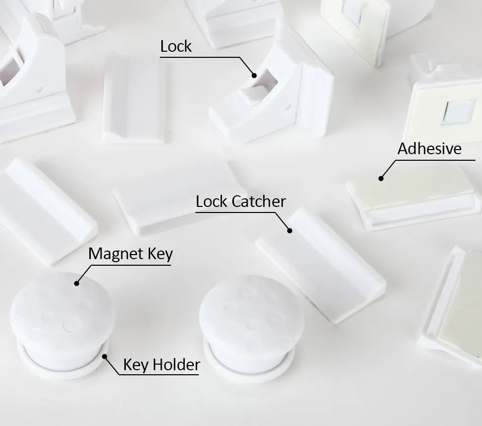 Multiple magnetic child safety locks installed on various home furniture, showcasing versatile baby proofing.