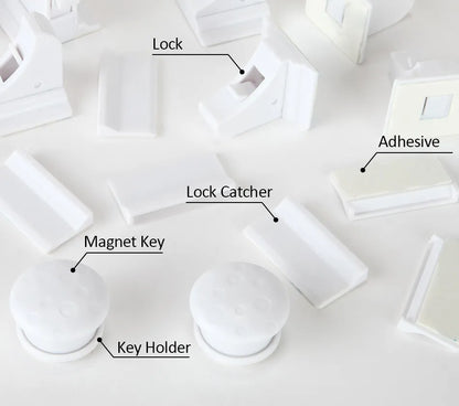 Multiple magnetic child safety locks installed on various home furniture, showcasing versatile baby proofing.