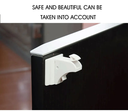 Magnetic safety lock on a base cabinet, preventing a child from accessing hazardous items, ensuring home safety.