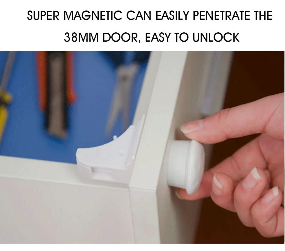 Magnetic child lock set ready for installation, designed for easy home safety upgrades and furniture protection.