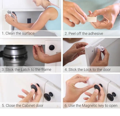 A parent's hand opening a cabinet with a magnetic child safety key, ensuring secure yet accessible storage.