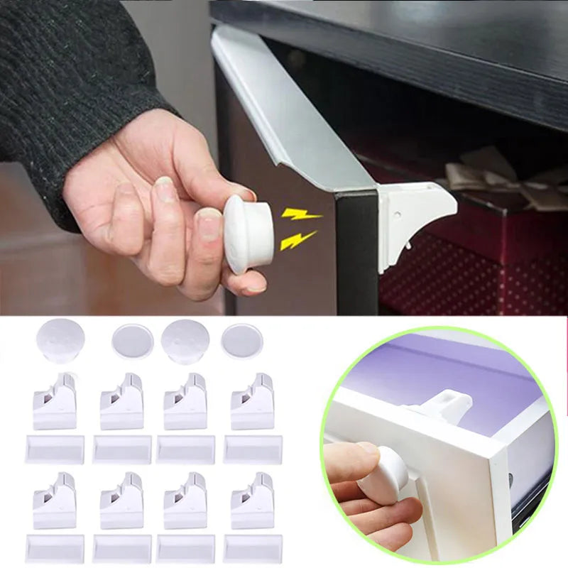 Close-up of magnetic child safety lock mechanism, demonstrating its secure, hidden installation on a drawer.