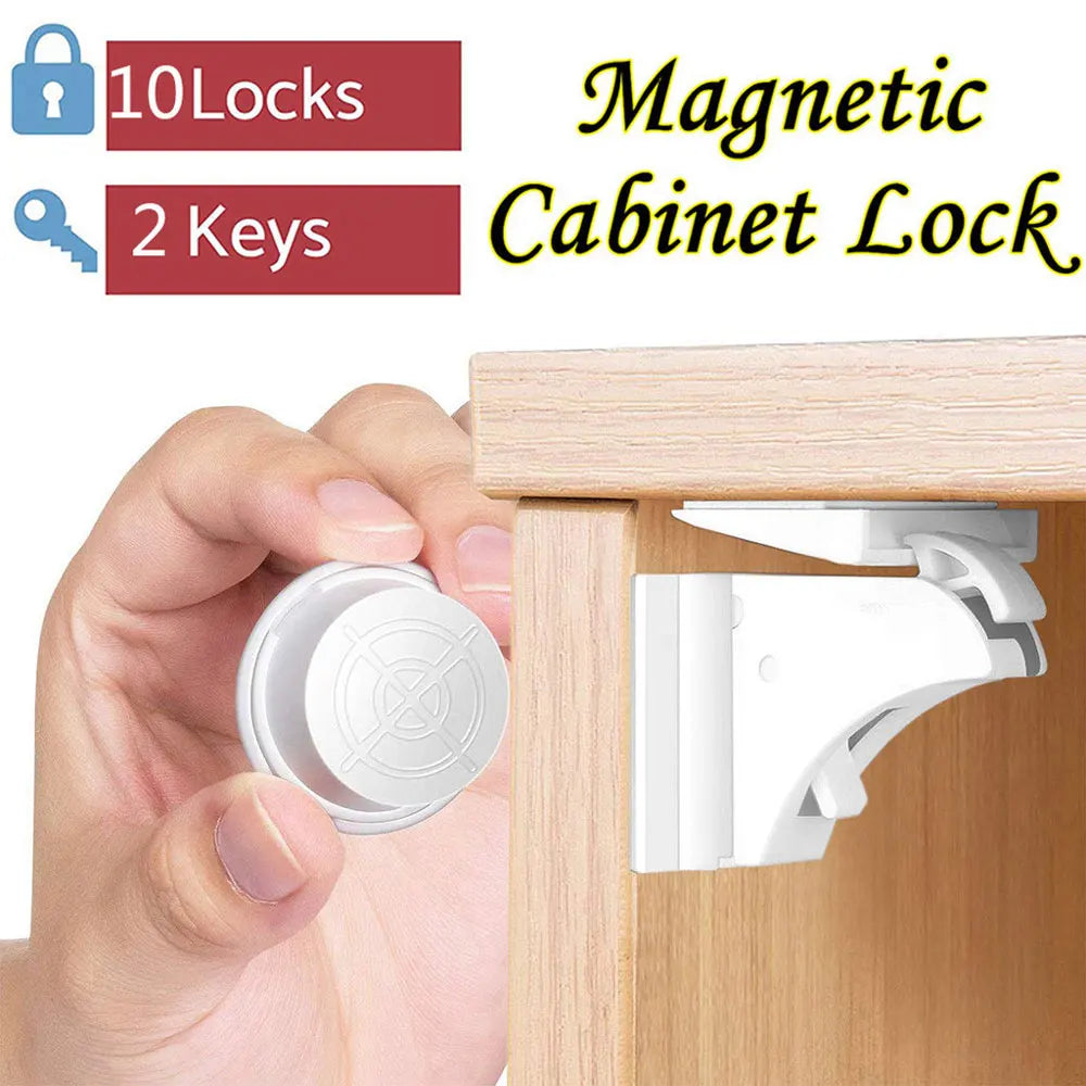 Set of magnetic child safety locks and keys, neatly arranged on a clean white surface for baby proofing.