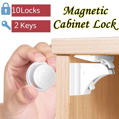 Set of magnetic child safety locks and keys, neatly arranged on a clean white surface for baby proofing.