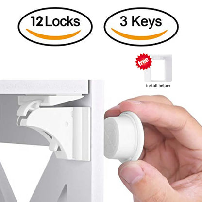 Invisible magnetic child safety lock for cabinets, protecting toddlers from dangerous contents, no drilling required.