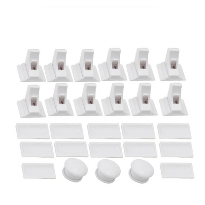 Magnetic child safety lock shown on a kitchen cabinet, keeping cleaning supplies out of a toddler's reach.