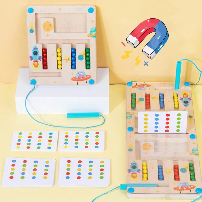 Magnetic color maze game for kids, wooden educational toy with colorful balls and magnetic wand, Montessori