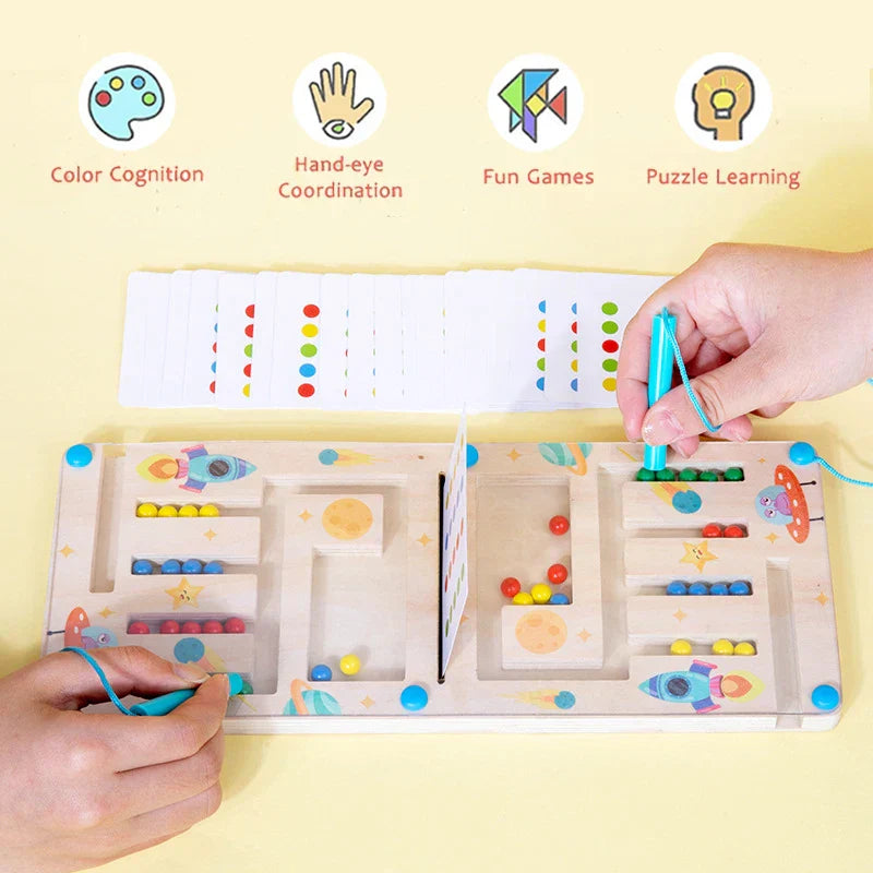 Kids playing magnetic color maze brain game, developing fine motor skills and color recognition, family fun