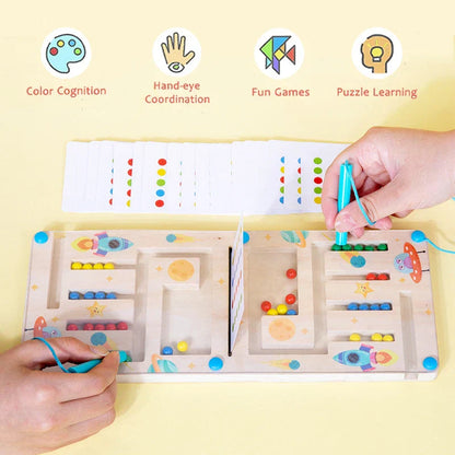 Kids playing magnetic color maze brain game, developing fine motor skills and color recognition, family fun