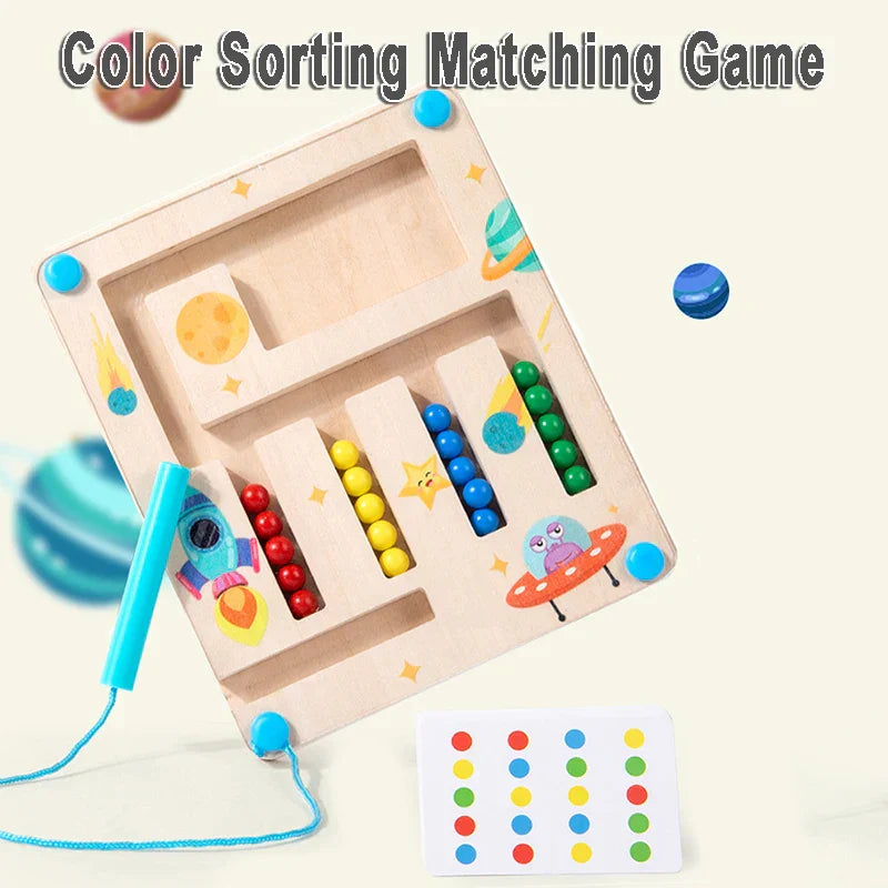 Close-up of magnetic color maze educational toy, colorful balls and metal tracks in a sturdy wooden frame