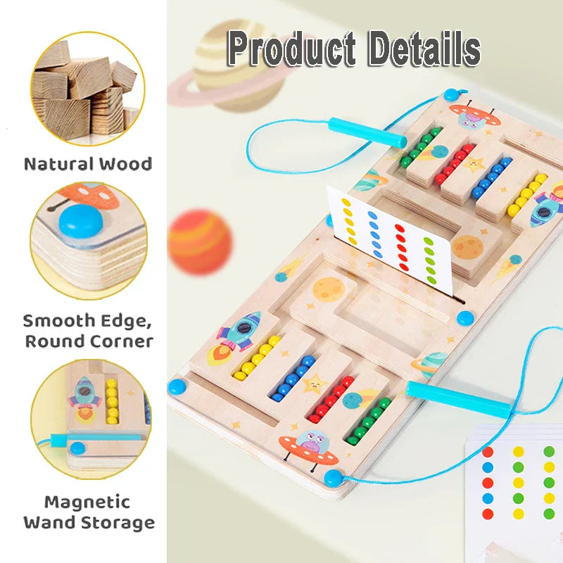 Top view of magnetic color maze showing different colored sections and embedded magnetic balls for play