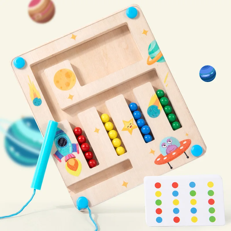 Hand guiding magnetic wand through a wooden color maze game, focusing on matching and sorting colors for kids