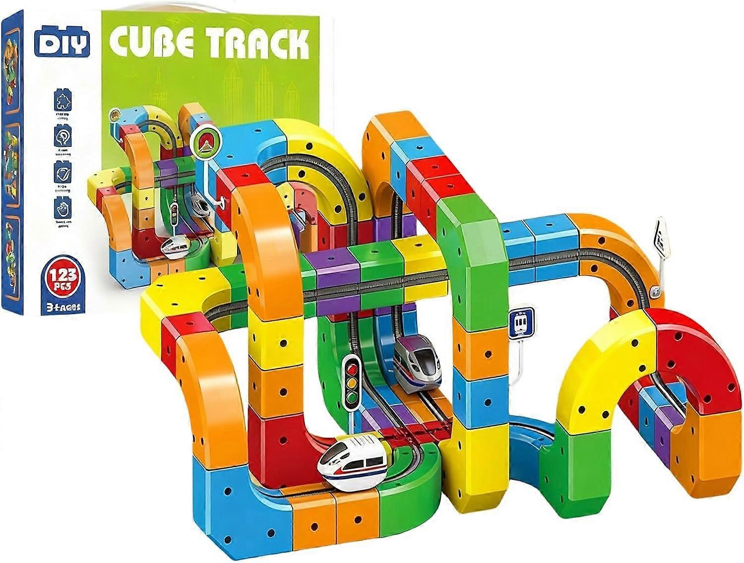 Magnetic cube train track building set in action, fostering engineering skills