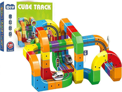 Magnetic cube train track building set in action, fostering engineering skills