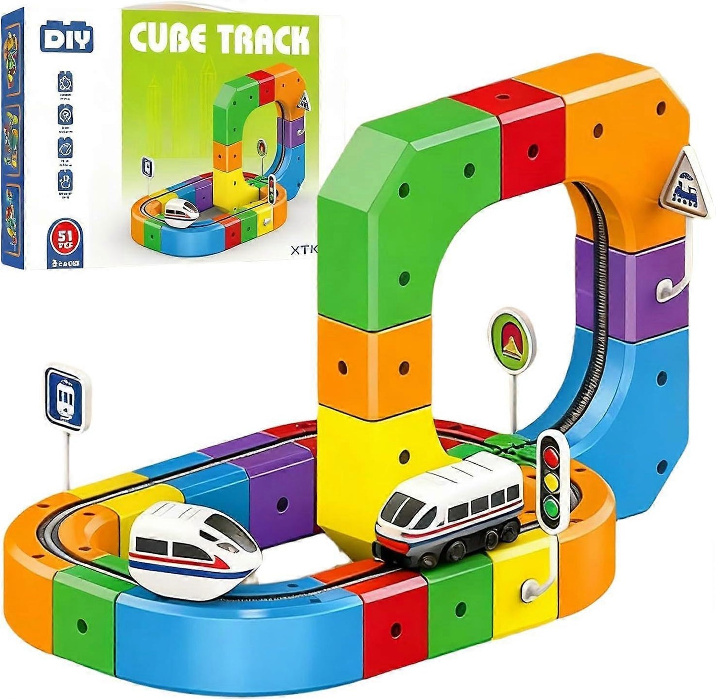 Child proudly displaying a magnetic block train track creation, educational fun