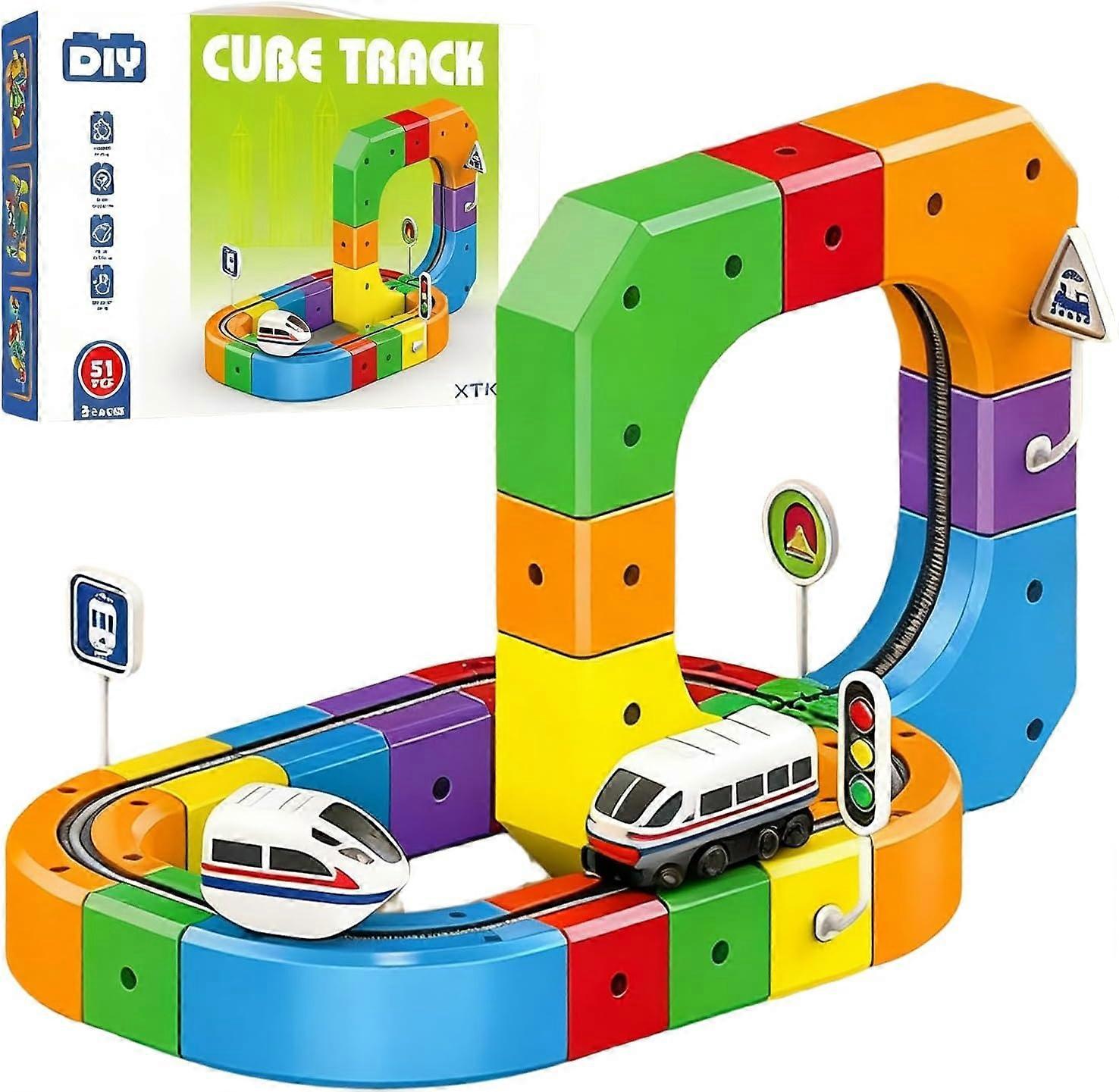 Child proudly displaying a magnetic block train track creation, educational fun