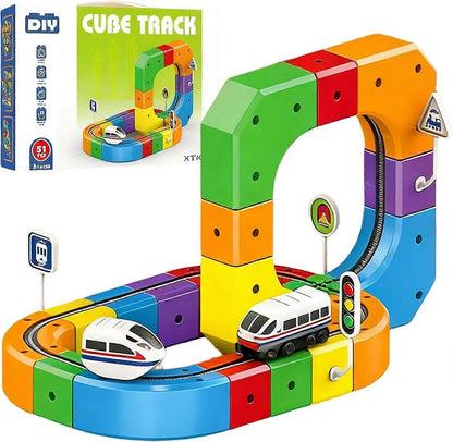 Child proudly displaying a magnetic block train track creation, educational fun